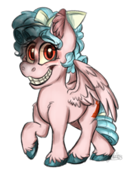 Size: 744x956 | Tagged: safe, artist:milledpurple, cozy glow, pegasus, pony, g4, creepy, creepy smile, female, looking at you, nightmare fuel, simple background, smiling, solo, transparent background, unshorn fetlocks, yikes