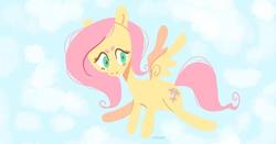 Size: 1080x565 | Tagged: safe, artist:alexbeeza, fluttershy, pegasus, pony, g4, beanbrows, cloud, cutie mark, eyebrows, female, flying, mare, sky, solo
