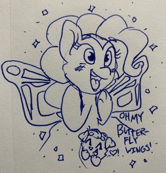 Size: 2913x3018 | Tagged: safe, artist:rainbow eevee, pinkie pie, oc, oc:landen irelan, pony, g4, amazed, butterfly wings, cute, female, glitter, high res, hitachi, ink, lineart, pen drawing, smiling, solo, sparkles, traditional art