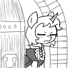Size: 640x600 | Tagged: safe, artist:ficficponyfic, oc, oc only, oc:sweetie candy, pony, unicorn, colt quest, aggravated, clothes, cyoa, door, door handle, eyes closed, female, horn, mare, monochrome, scowl, solo, story included