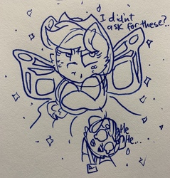 Size: 3024x3159 | Tagged: safe, artist:rainbow eevee, applejack, oc, oc:landen irelan, pony, g4, angry, butterfly wings, female, glitter, hat, high res, hitachi, ink, lineart, pen drawing, solo, sparkles, traditional art