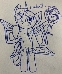 Size: 2811x3363 | Tagged: safe, artist:rainbow eevee, twilight sparkle, oc, oc:landen irelan, pony, g4, both cutie marks, butterfly wings, exclamation point, glitter, high res, hitachi, hooves, ink, interrobang, lineart, pen drawing, question mark, solo, sparkles, traditional art