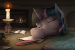 Size: 3000x2000 | Tagged: safe, artist:phoenixrk49, twilight sparkle, pony, book, bust, candle, candy, cute, eyes closed, female, food, paper, portrait, quill pen, sleeping, solo, twiabetes