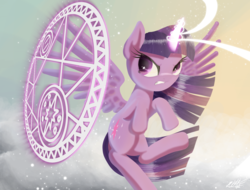 Size: 1680x1280 | Tagged: safe, artist:phoenixrk49, twilight sparkle, alicorn, pony, g4, angry, female, flying, glowing, glowing horn, horn, magic, magic circle, mare, shield, solo, spread wings, twilight sparkle (alicorn), wings