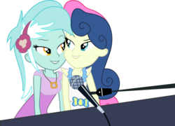 Size: 8001x5754 | Tagged: safe, artist:midnight-st4r, bon bon, lyra heartstrings, sweetie drops, equestria girls, g4, my little pony equestria girls: rainbow rocks, duet, duo, duo female, eye contact, female, lesbian, lidded eyes, looking at each other, microphone, musical instrument, piano, ship:lyrabon, shipping, simple background, smiling, transparent background, vector