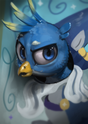 Size: 765x1080 | Tagged: safe, artist:assasinmonkey, gallus, star swirl the bearded, griffon, g4, uprooted, bust, digital painting, face hole board, male, portrait, scene interpretation, solo, standee, that was fast