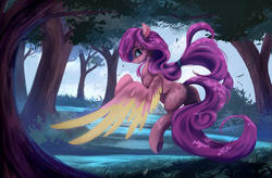 Size: 1024x670 | Tagged: safe, artist:fluttersheeeee, oc, oc only, pegasus, pony, female, forest, looking back, mare, solo