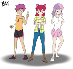 Size: 3696x3511 | Tagged: safe, artist:banquo0, apple bloom, scootaloo, sweetie belle, human, g4, boots, bow, clothes, cutie mark crusaders, female, high res, humanized, mary janes, miniskirt, pleated skirt, shirt, shoes, shorts, simple background, skirt, tank top, transparent background