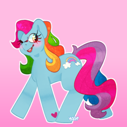 Size: 860x860 | Tagged: safe, artist:vurtuaghost, rainbow dash (g3), earth pony, pony, g3, g4, blushing, cutie mark, female, g3 to g4, generation leap, heart, looking back, mare, one eye closed, open mouth, pink background, simple background, solo, walking