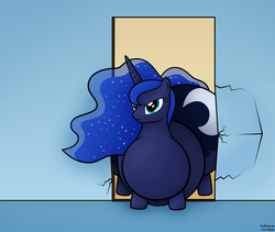 Size: 1900x1600 | Tagged: safe, artist:jesseorange, princess luna, alicorn, pony, series:absurdly huge luna's life, belly, butt, cracked, fat, female, huge butt, impossibly large butt, large butt, moonbutt, morbidly obese, obese, plot, princess moonpig, solo, stuck, the ass is monstrously oversized for tight entrance, the ass was too fat, wall