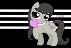 Size: 1000x670 | Tagged: safe, artist:raininess, octavia melody, earth pony, pony, g4, abstract background, chibi, cute, cutie mark, female, looking at you, mare, open mouth, raised hoof, solo, tavibetes