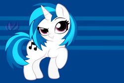 Size: 1000x670 | Tagged: safe, artist:raininess, dj pon-3, vinyl scratch, pony, unicorn, g4, abstract background, chibi, cutie mark, female, looking at you, mare, missing accessory, raised eyebrow, raised hoof, smiling, solo