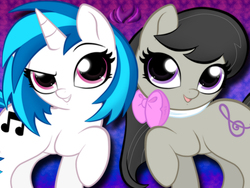 Size: 1024x768 | Tagged: safe, artist:raininess, dj pon-3, octavia melody, vinyl scratch, earth pony, pony, unicorn, g4, abstract background, chibi, cutie mark, duo, female, looking at you, mare, missing accessory, open mouth, raised eyebrow, raised hoof, smiling