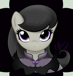 Size: 800x831 | Tagged: safe, artist:raininess, octavia melody, earth pony, semi-anthro, g4, :<, abstract background, bust, clothes, female, looking at you, shirt, solo