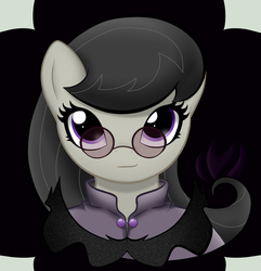 Size: 800x831 | Tagged: safe, alternate version, artist:raininess, octavia melody, earth pony, semi-anthro, g4, abstract background, bust, clothes, female, glasses, looking at you, shirt, smiling, smirk, solo