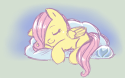 Size: 500x312 | Tagged: safe, artist:raininess, fluttershy, pegasus, pony, g4, abstract background, blank flank, cloud, cute, female, filly, filly fluttershy, hair over one eye, shyabetes, sleeping, smiling, solo, younger