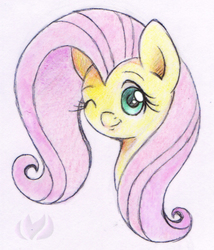 Size: 395x462 | Tagged: safe, artist:raininess, fluttershy, pony, g4, bust, female, looking at you, mare, one eye closed, simple background, smiling, solo, traditional art, white background