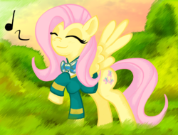 Size: 1626x1238 | Tagged: safe, artist:x-blackpearl-x, fluttershy, pegasus, pony, filli vanilli, g4, clothes, cute, eyes closed, female, mare, music notes, raised leg, shyabetes, singing, spread wings, wings