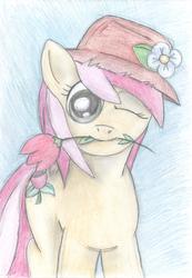 Size: 2424x3496 | Tagged: safe, artist:x-blackpearl-x, roseluck, earth pony, pony, g4, flower, flower in mouth, hat, high res, looking at you, mouth hold, one eye closed, wink