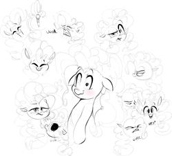 Size: 1571x1424 | Tagged: safe, artist:hattsy, pinkie pie, earth pony, pony, g4, angry, annoyed, blushing, dialogue, doodle, drunk, expressions, eyes closed, female, grin, happy, head, looking at you, mare, monochrome, open mouth, reaction, sad, simple background, sketch, sketch dump, smiling, solo, talking to viewer, white background