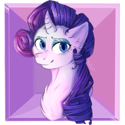 Size: 4000x4000 | Tagged: safe, artist:magentell, rarity, pony, unicorn, g4, absurd resolution, bust, chest fluff, curved horn, cute, experimental style, female, horn, makeup, raribetes, simple background, solo