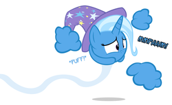 Size: 826x506 | Tagged: safe, artist:navitaserussirus, trixie, genie, pony, unicorn, g4, ball, clothes, cloud, dialogue, female, hat, mare, morph ball, muffled words, simple background, solo, trixie's hat, trixieball, white background