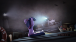 Size: 2832x1585 | Tagged: safe, artist:sindroom, twilight sparkle, pony, g4, 3d, boat, female, fog, lighthouse, solo, source filmmaker, turret, water