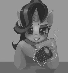Size: 2480x2657 | Tagged: safe, artist:anonymous, starlight glimmer, pony, unicorn, g4, chocolate, empathy cocoa, female, food, grin, guidance counselor, high res, hot chocolate, marshmallow, monochrome, smiling, solo