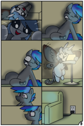 Size: 744x1116 | Tagged: safe, artist:pencil bolt, oc, oc:billy blue, oc:soffies, earth pony, mothpony, original species, pony, comic:do not fear, behaving like a moth, bugs doing bug things, comic, couch, female, flying, lamp, light, male, night, room, smiling