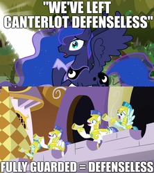 Size: 1920x2160 | Tagged: safe, edit, edited screencap, screencap, princess luna, g4, the beginning of the end, canterlot, canterlot guards, caption, eyes closed, female, guards, image macro, male, text, useless