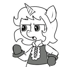 Size: 640x600 | Tagged: safe, artist:ficficponyfic, oc, oc only, oc:sweetie candy, pony, unicorn, colt quest, adult, clothes, cyoa, female, glare, gloves, grayscale, horn, mare, monochrome, open mouth, shirt, simple background, solo, story included, talking, unhappy, white background