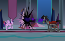 Size: 1280x800 | Tagged: safe, artist:zeronitroman, king sombra, twilight sparkle, alicorn, pony, unicorn, g4, the beginning of the end, beam struggle, fight, twilight sparkle (alicorn)