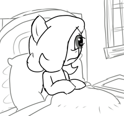 Size: 640x600 | Tagged: safe, artist:ficficponyfic, oc, oc only, oc:emerald jewel, earth pony, pony, colt quest, bed, blanket, child, colt, cyoa, foal, frown, hair over one eye, male, monochrome, pillow, solo, story included, window
