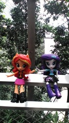 Size: 1440x2560 | Tagged: safe, rarity, sunset shimmer, equestria girls, g4, changi airport, doll, female, gem, hsbc rain vortex, irl, photo, singapore, toy, tree, waterfall