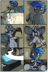 Size: 744x1116 | Tagged: safe, artist:pencil bolt, oc, oc:billy blue, oc:soffies, earth pony, moth, mothpony, original species, pony, comic:do not fear, comic, female, flying, lamp, male, monitor