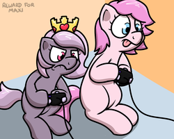 Size: 1000x800 | Tagged: safe, artist:pokefound, oc, oc:kayla, oc:sonny sugar, earth pony, pony, controller, gamecube controller, sitting, tongue out, video game