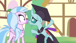 Size: 1366x768 | Tagged: safe, screencap, ocellus, silverstream, changedling, changeling, hippogriff, g4, uprooted, boop, clothes, discovery family logo, dress, duo, female, graduation cap, hat, nervous, noseboop, ponyville, robe