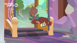 Size: 1366x768 | Tagged: safe, screencap, yona, yak, g4, uprooted, bow, cloven hooves, discovery family logo, female, hair bow, monkey swings, school of friendship, tripping