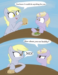 Size: 1130x1455 | Tagged: safe, artist:rusticanon, derpy hooves, dinky hooves, pegasus, pony, unicorn, g4, burger, comic, eating, female, filly, food, mother and daughter, simple background