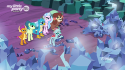 Size: 1366x768 | Tagged: safe, screencap, gallus, ocellus, sandbar, silverstream, smolder, tree of harmony, yona, changedling, changeling, classical hippogriff, dragon, earth pony, griffon, hippogriff, pony, yak, g4, uprooted, bow, broken, crystal, discovery family logo, dragoness, female, hair bow, male, reaction, reaction image, rubble, sad, shattered, student six