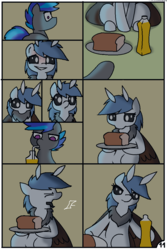 Size: 744x1116 | Tagged: safe, artist:pencil bolt, oc, oc:billy blue, oc:soffies, earth pony, mothpony, original species, pony, comic:do not fear, bread, comic, female, food, juice, male, night, orange juice, smelling, smiling