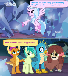 Size: 1364x1528 | Tagged: safe, edited screencap, screencap, gallus, sandbar, silverstream, smolder, tree of harmony, yona, classical hippogriff, dragon, earth pony, griffon, hippogriff, pony, yak, g4, uprooted, bow, broken, cloven hooves, comic, dialogue, dragoness, female, grammar error, hair bow, male, screencap comic, shattered, speech bubble
