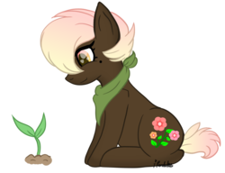 Size: 1239x952 | Tagged: safe, artist:ipandacakes, oc, oc only, oc:hollyhock, earth pony, pony, female, mare, offspring, parent:meadow song, parent:roseluck, plant, simple background, sitting, solo, transparent background