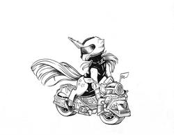 Size: 1024x795 | Tagged: safe, artist:tillie-tmb, twilight velvet, pony, fanfic:spectrum of lightning, series:daring did tales of an adventurer's companion, g4, female, helmet, monochrome, motorcycle, solo, traditional art