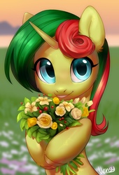 Size: 1473x2160 | Tagged: safe, artist:vensual99, oc, oc only, oc:hungry flower, pony, unicorn, rcf community, bouquet, bouquet of flowers, cute, female, flower, looking at you, solo