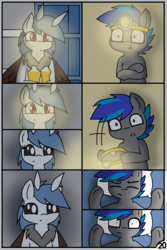 Size: 744x1116 | Tagged: safe, artist:pencil bolt, oc, oc:billy blue, oc:soffies, earth pony, mothpony, original species, pony, comic:do not fear, comic, female, flashlight (object), male, night, red eyes, room, shipping, straight, wake up
