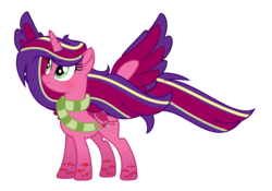 Size: 2161x1513 | Tagged: safe, artist:darbypop1, oc, oc only, oc:alyssa rice, alicorn, pony, base used, clothes, colored wings, female, mare, multicolored wings, rainbow power, rainbow wings, scarf, simple background, solo, spread wings, transparent background, wings