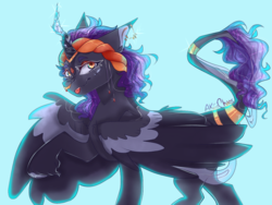 Size: 1024x768 | Tagged: safe, artist:akiiichaos, oc, oc only, oc:ashia, alicorn, pony, blue background, colored wings, crystal horn, female, horn, mare, multicolored wings, simple background, solo, tongue out