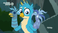 Size: 1000x562 | Tagged: safe, screencap, gallus, tree of harmony, griffon, g4, uprooted, absurd file size, absurd gif size, all new, animated, cute, discovery family logo, gallabetes, gif, male, sock puppet, solo, text