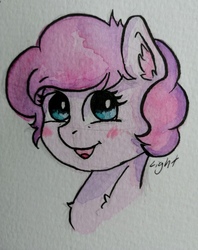 Size: 1834x2315 | Tagged: safe, artist:lightisanasshole, pinkie pie, earth pony, pony, g4, alternate hairstyle, blushing, female, fluffy, short hair, short mane, smiling, solo, traditional art, watercolor painting